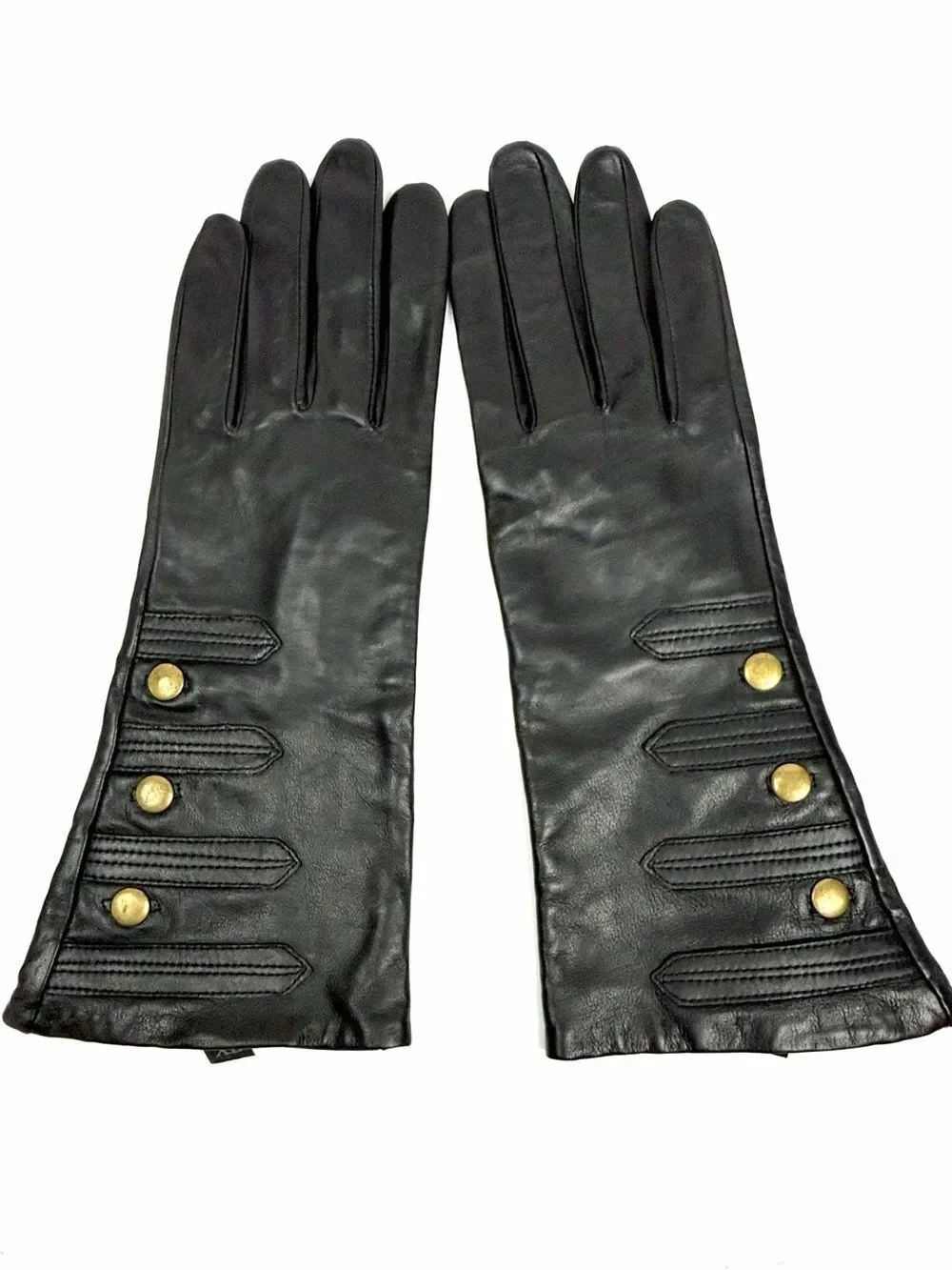 Mercer & Madison Black Leather Gloves Silk Lined XL 12” Long Brass Stud Accent